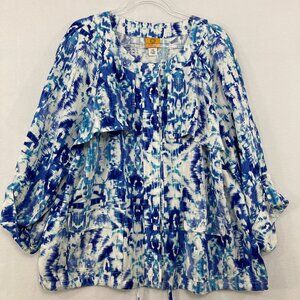 Ruby Rd. size 22W Blue White Abstract Artsy Linen Blend Snap Button Jacket‎